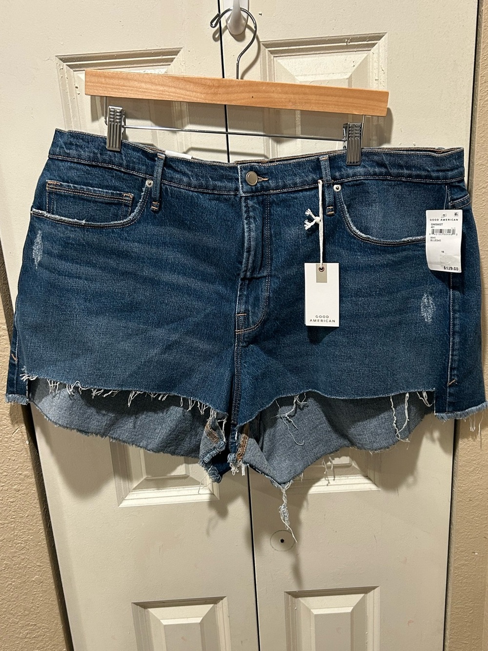 Good American Dark Blue Distressed Denim Jean Shorts